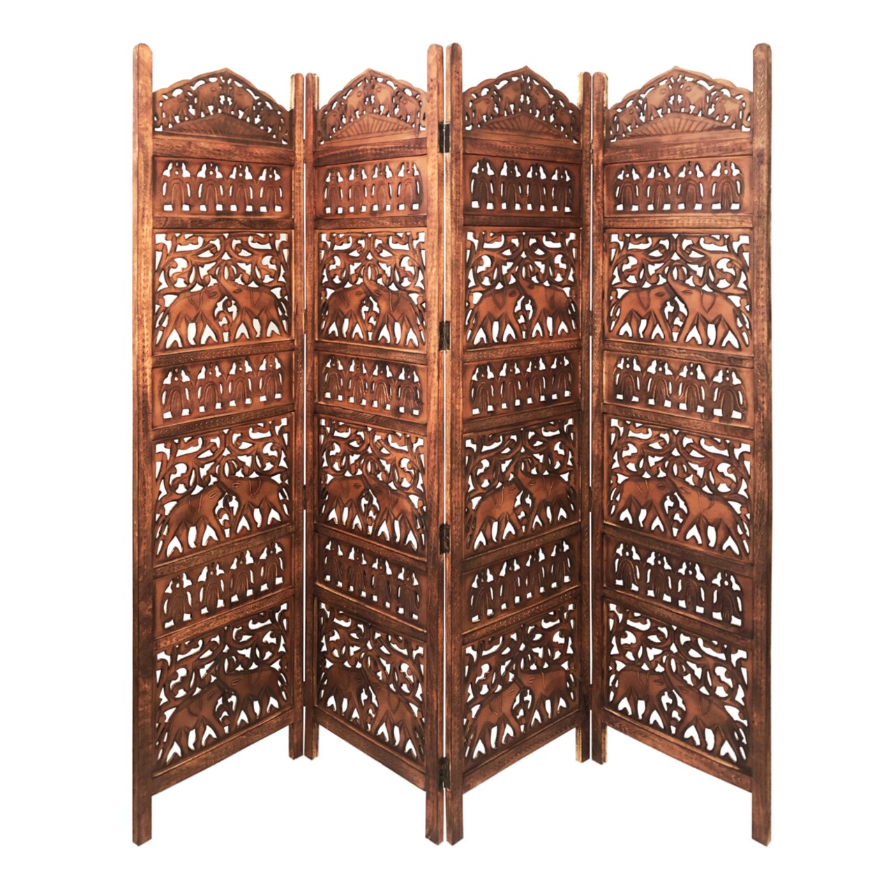 Saltoro Sherpi 80 Inch Handcrafted 4 Panel Carved Wood Room Divider Screen, Intricate Cutout Details, Brown-